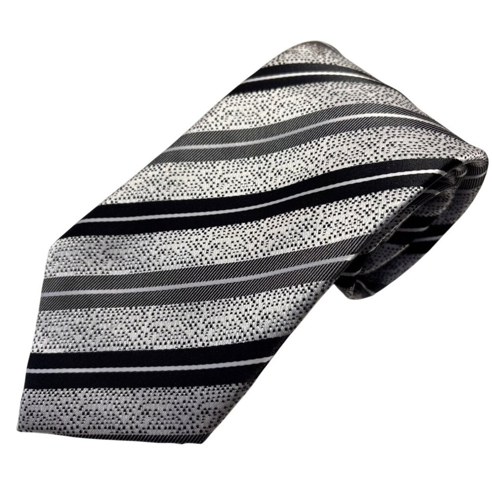 Montbello Italia Tie Striped Black & Silver 100% Silk REPP Neck Tie 60" Italy